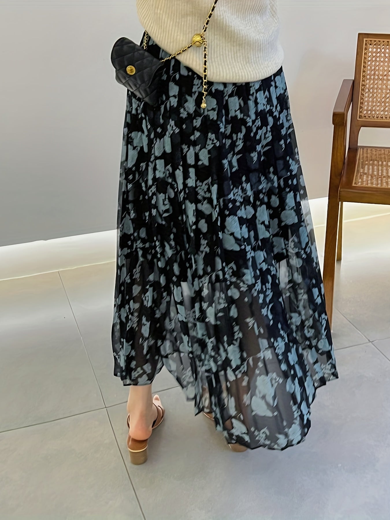 Floral Print Pleated Skirt Elastic Waist Skirt for Spring & Summer