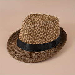 Geometric Plaid Crochet Fedora Cap Lightweight Casual Straw Sun Hat