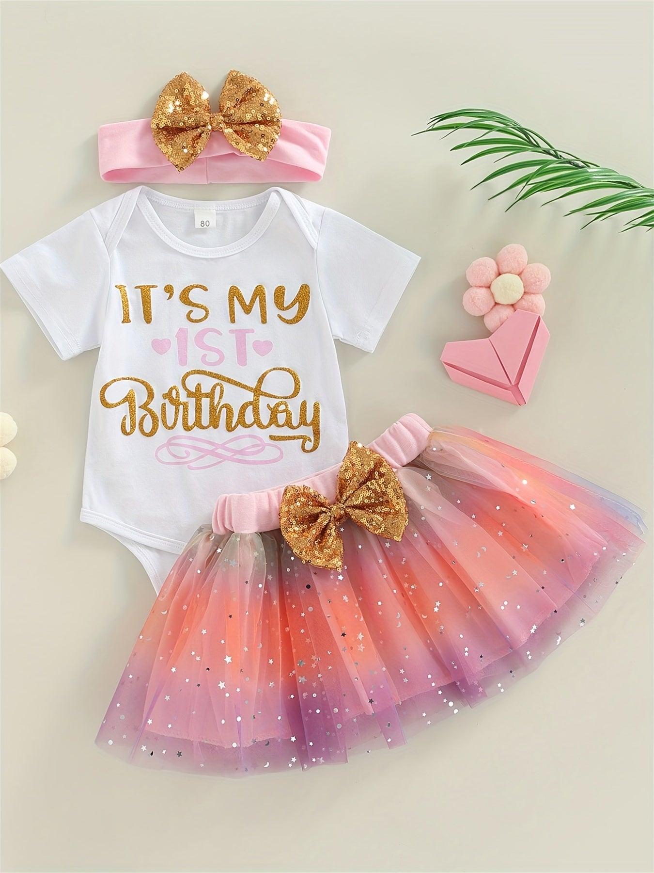 3pcs Baby Girls 1st Birthday Onesie Romper & Skirt Set