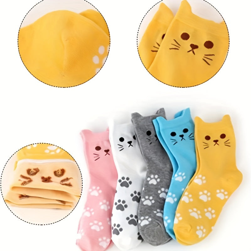 Men's Cartoon Cat Crew Socks 5 Pairs Cotton Blend Casual Unisex Socks