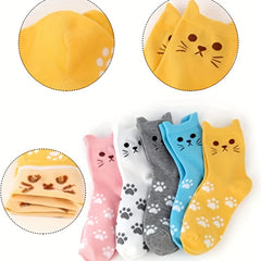 Men's Cartoon Cat Crew Socks 5 Pairs Cotton Blend Casual Unisex Socks