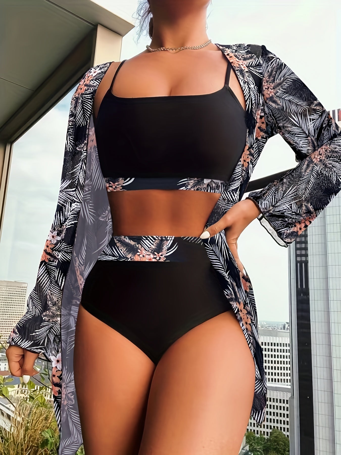Tropical Print 3 Piece Set Swimsuits Floral Plants Cover Up Top Bottom