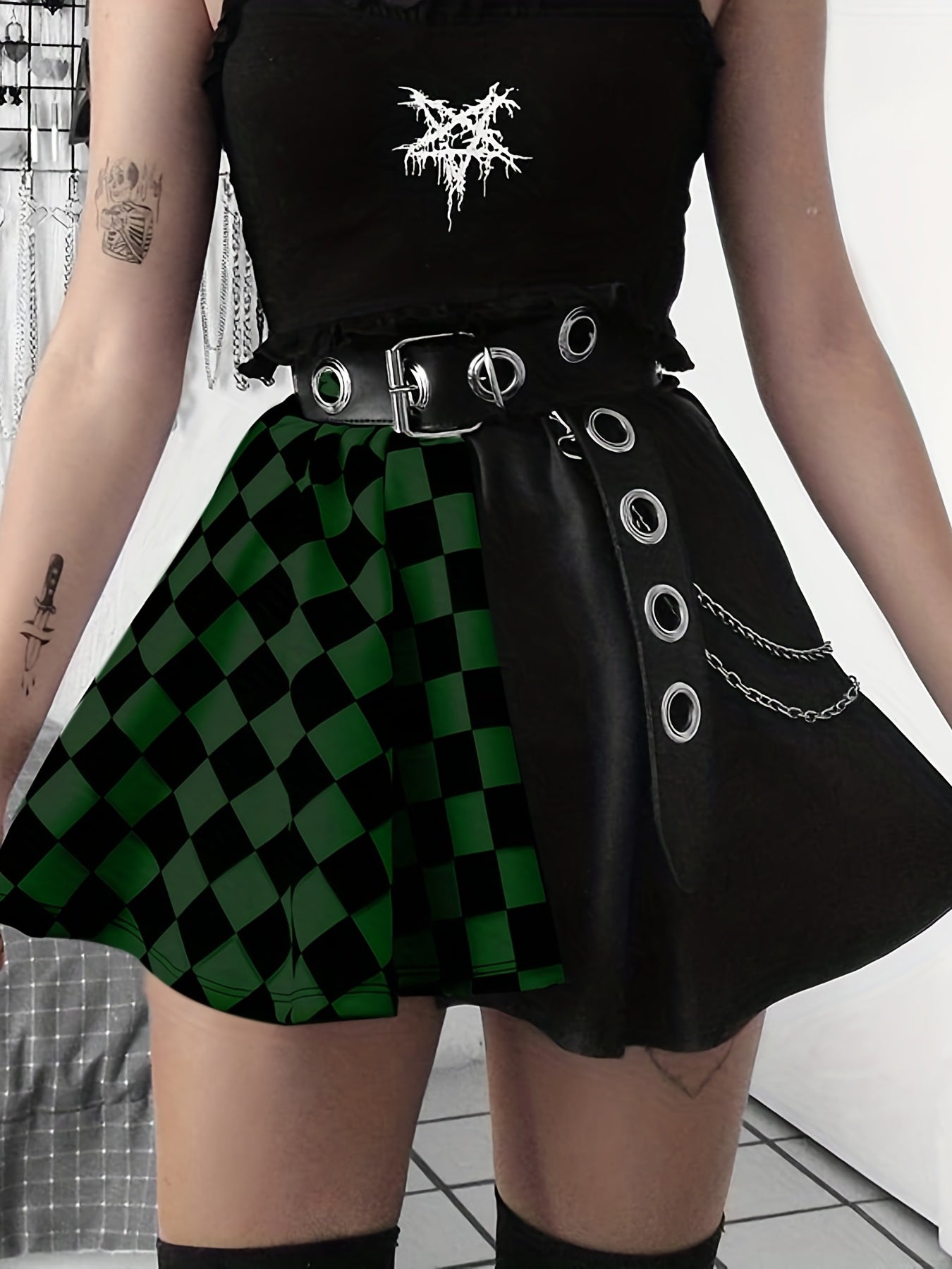 Chessboard Print Splicing Skirt Gothic Ruched Punk Mini Skirt
