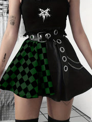 Chessboard Print Splicing Skirt Gothic Ruched Punk Mini Skirt