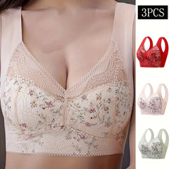 3pcs Lace Wireless Bras Comfy Push Up Seamless Bra Women's Lingerie