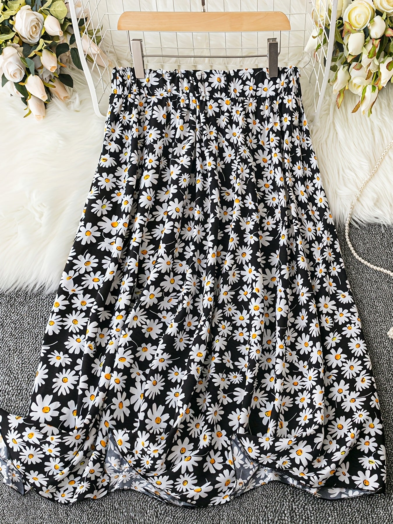 Boho Floral Print Maxi Skirt Women's Plus Size Elastic High Rise