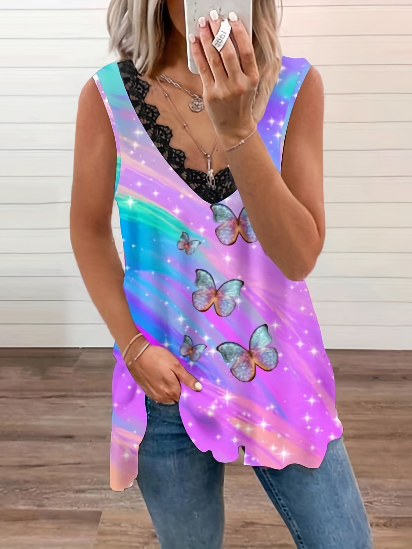 Tie Dye Butterfly Print Tank Top Lace Trim V Neck