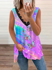 Tie Dye Butterfly Print Tank Top Lace Trim V Neck