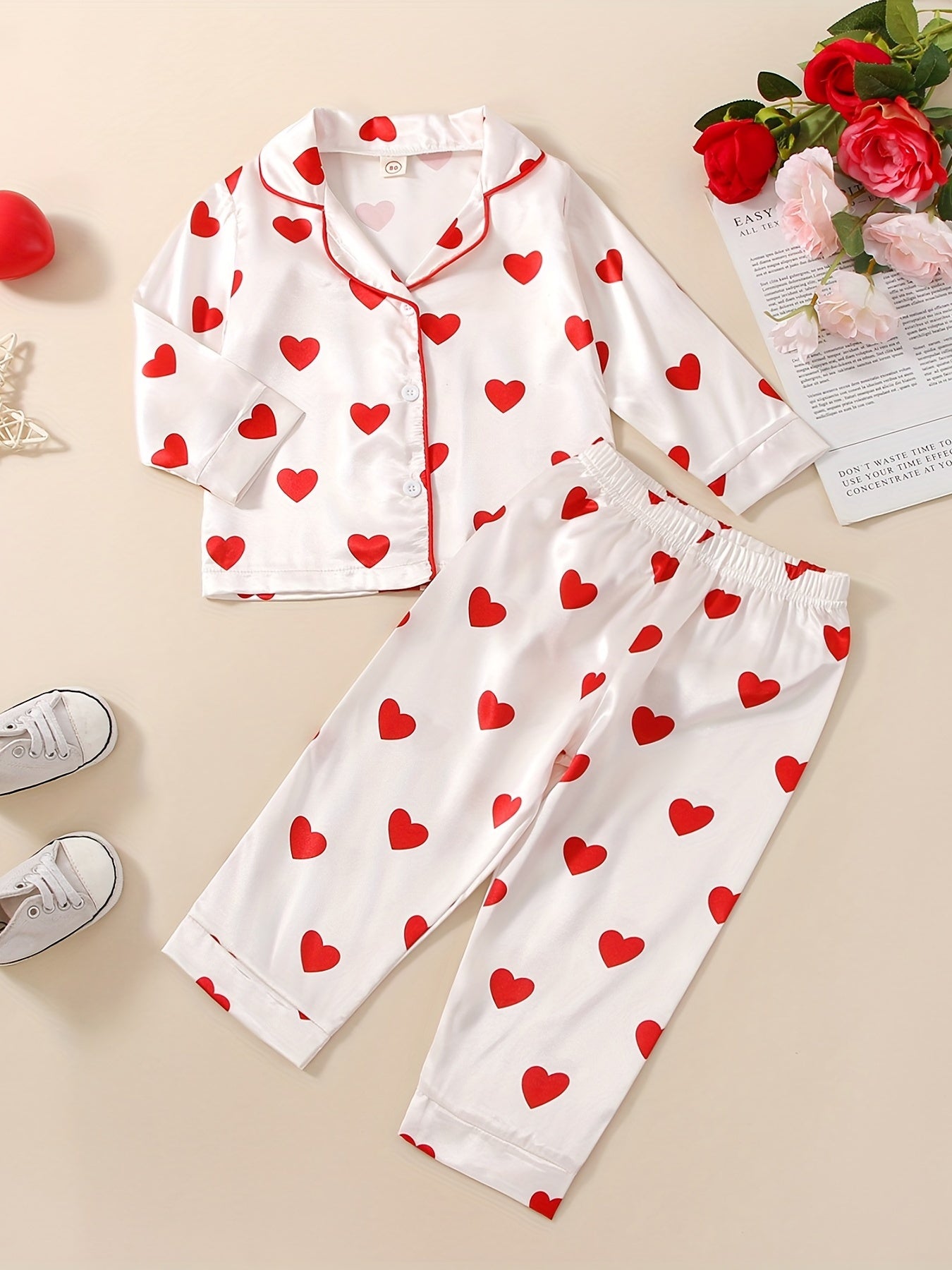 Girls' Cotton Heart Print Pajama Set V Neck Long Sleeve Shirt & Pants