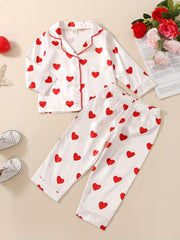 Girls' Cotton Heart Print Pajama Set V Neck Long Sleeve Shirt & Pants