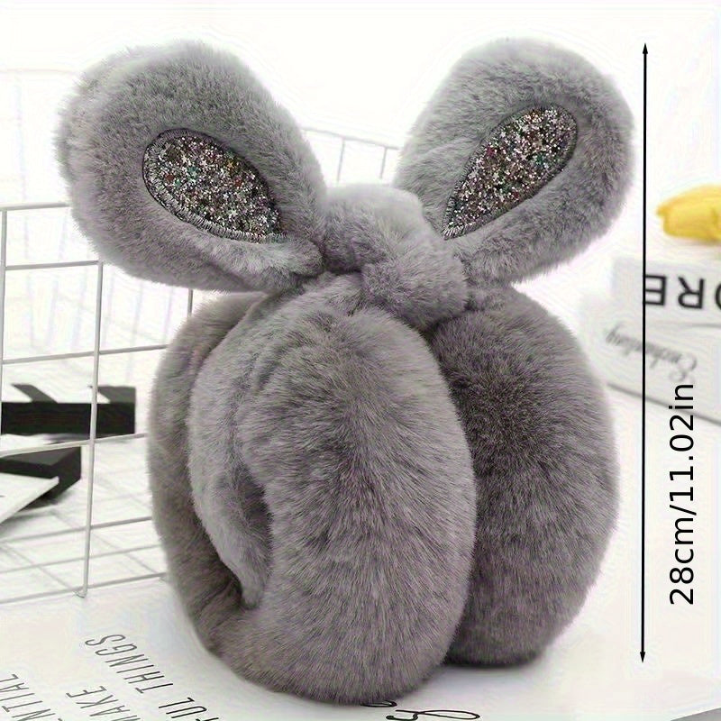 Plush Rabbit Ear Warmers Glitter Accents Cozy Winter Earmuffs for Women
