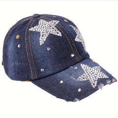 Rhinestone Pentagram Baseball Cap Ripped Distressed Cotton Dad Hat