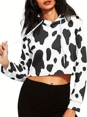 Cow Printed Drawstring Hoodie Long Sleeve Sweatshirt Women's Tops