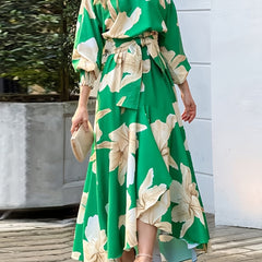 Boho Floral Flared Long Dress Lantern Sleeve Tie Waist Summer Dress
