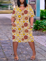 Floral Print Short Sleeve V Neck Dress With Pockets