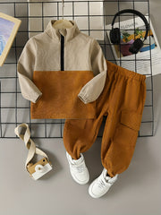 Boys Corduroy Sweatshirt & Pants Set, Stand Collar Zip, Elastic Waist