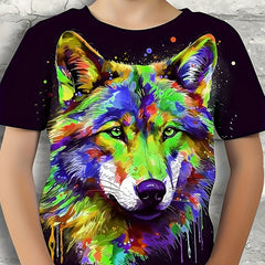 Wolf Colorful Painting Print T shirt Kids Boys Casual Summer Clothing