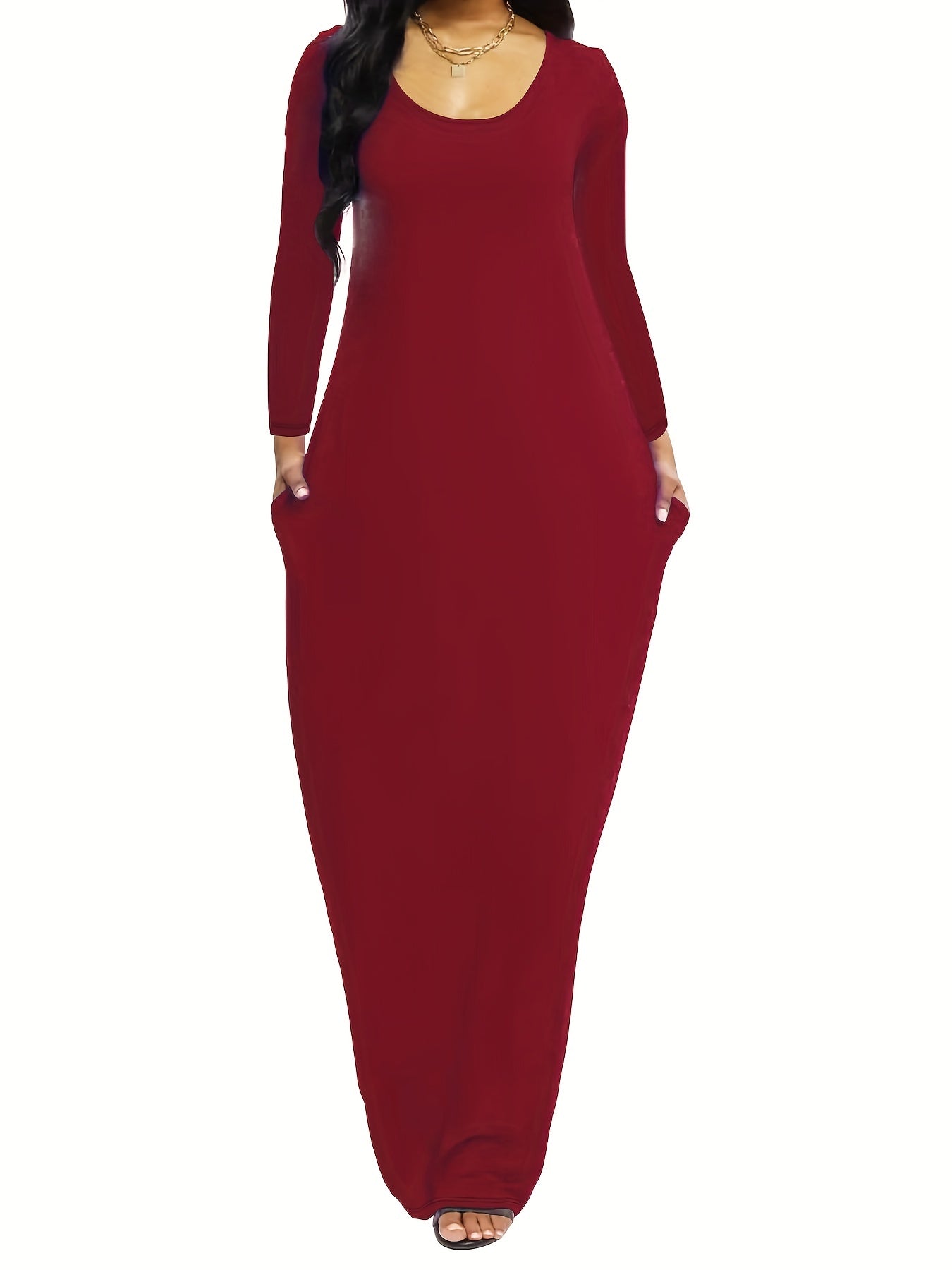 Solid Long Sleeve Maxi Dress With Pockets