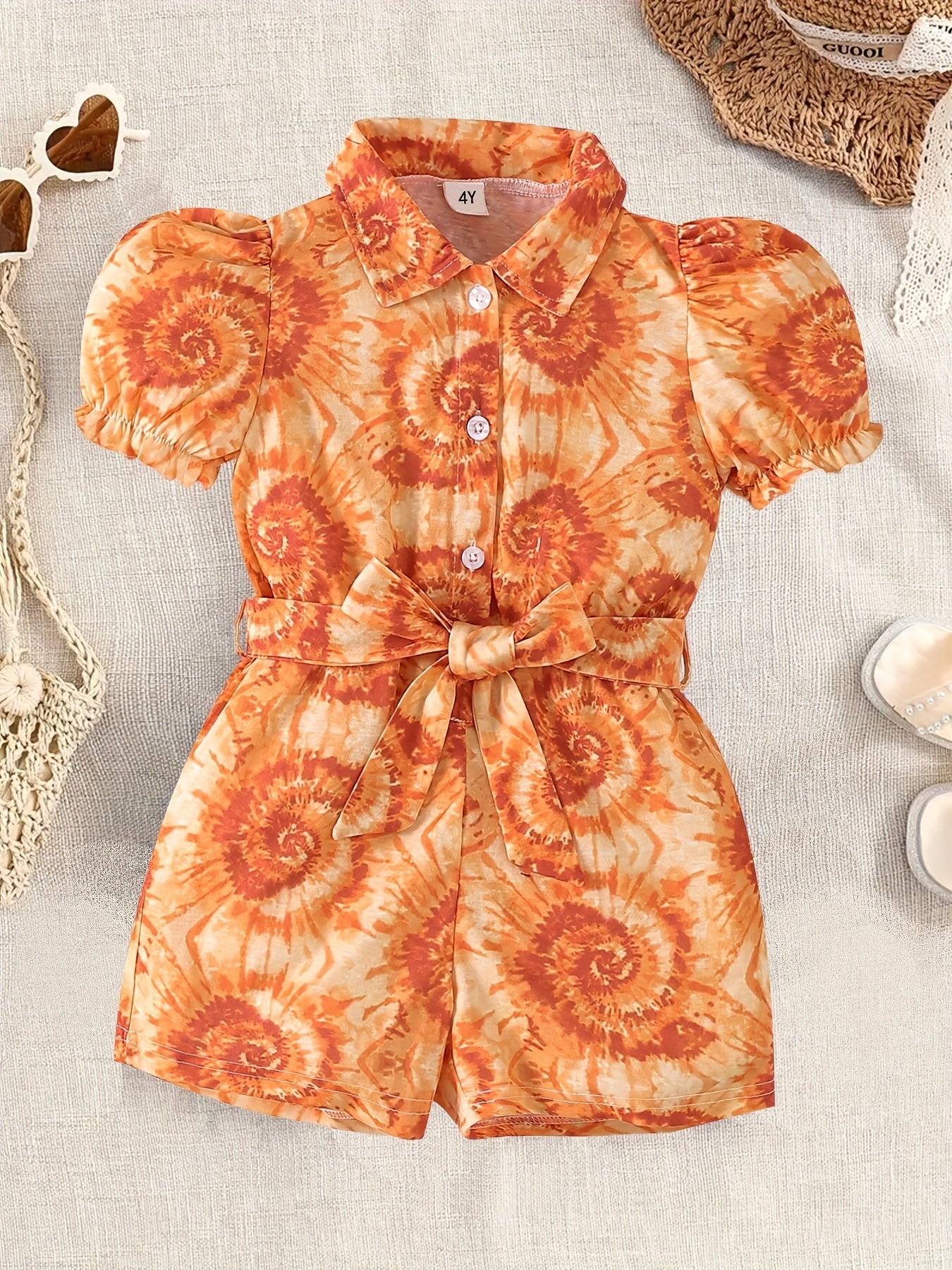 Girls Tie Dye Full Print Button Down Short Sleeve Romper Kids Jumpsuit