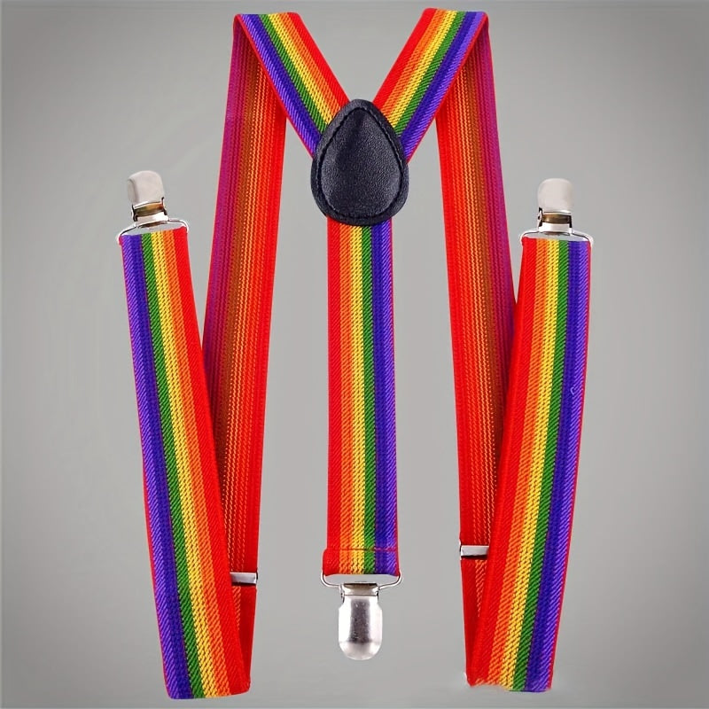 Men's Rainbow Elastic Suspenders Braces 3 Clips