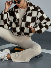 Checkerboard Print Teddy Jacket Zip Up High Neck Warm Outerwear