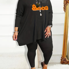 Pumpkin & Cat Print Long Sleeve Tee & Leggings Pajama Set