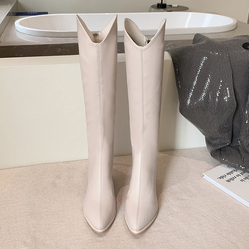 Chunky Heeled Long Boots with Back Zipper