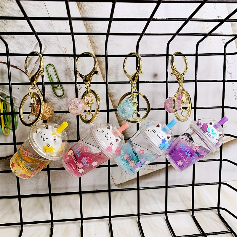 Quicksand Sakura Cat Milk Tea Cup Acrylic Keychain