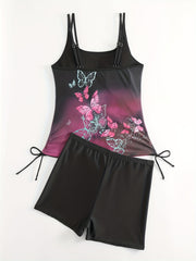 Ombre & Butterfly Print Lace Up Tankini Set