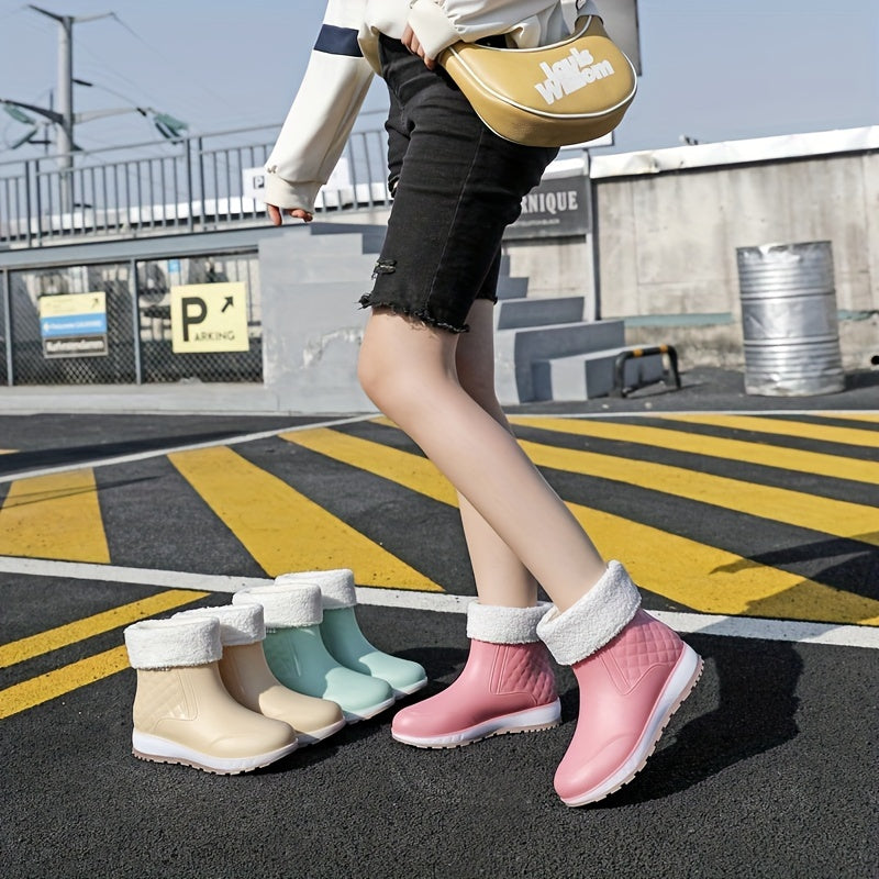 Stylish Mid-Calf Rain Boots Waterproof Warm Rain Shoes