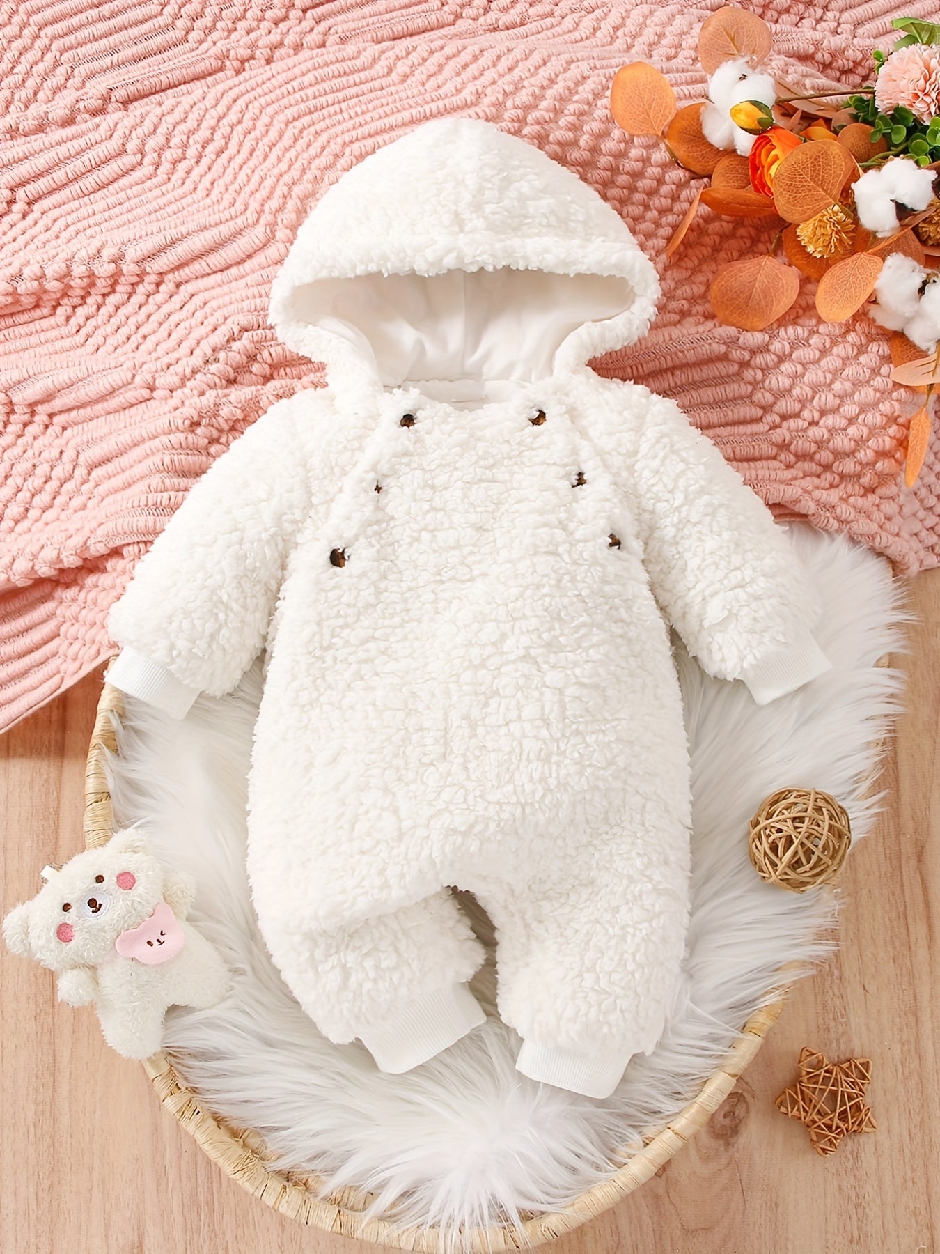 Baby Thermal Hooded Jumpsuit, Warm Furry Onesie for Girls Boys