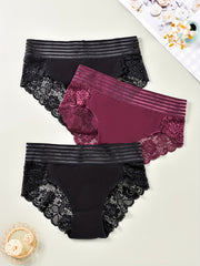 3 Pack Plus Size Lace Striped High Waist Briefs Set