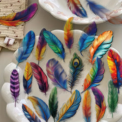 50pcs Vibrant Feather Stickers - Glittery Iridescent Matte - Variety of Surfaces