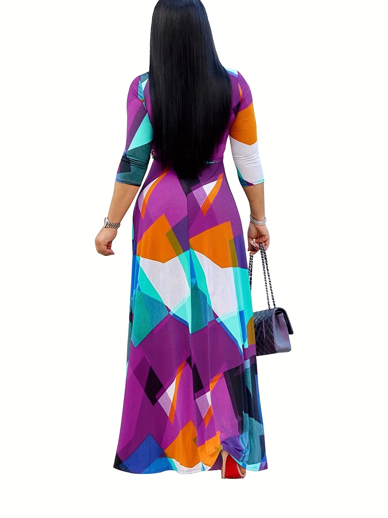 Colorblock Geometric Print Maxi Dress