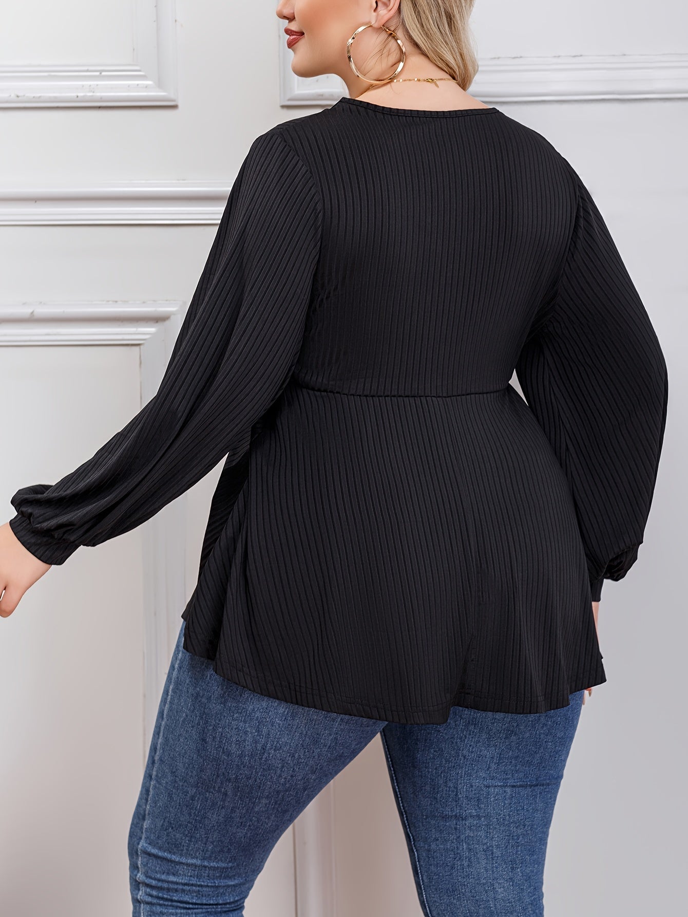 Lantern Sleeve Ribbed Blouse