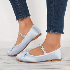 Women's Bow Mary Jane Rhinestone Flats Soft Sole Slip On Satin Shoes