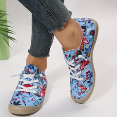 Women's Flower Pattern Canvas Lace Up Flat Sneakers
