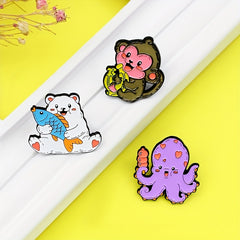 Animal Brooch Set Monkey Octopus Bear Pins for Girls Gift & Decoration