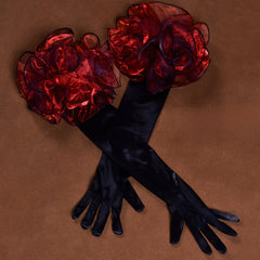 Vintage Long Wedding Gloves Red Floral Cuff Elbow Length Women Hand Wash