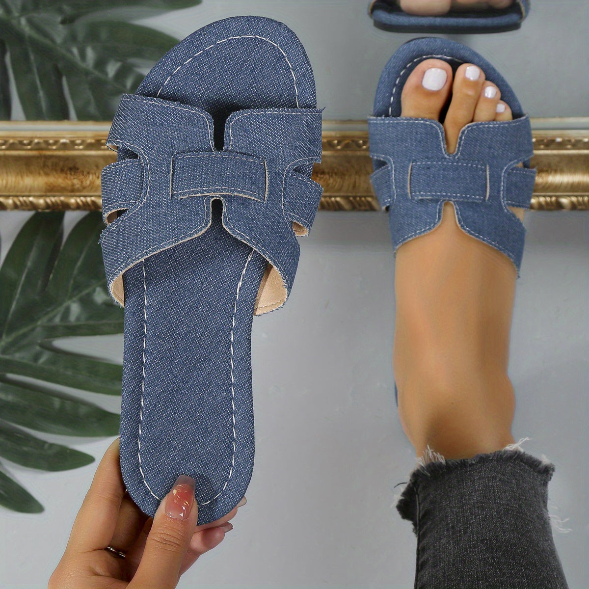 Women's Denim Slide Sandals Flat Lightweight Summer Shoes