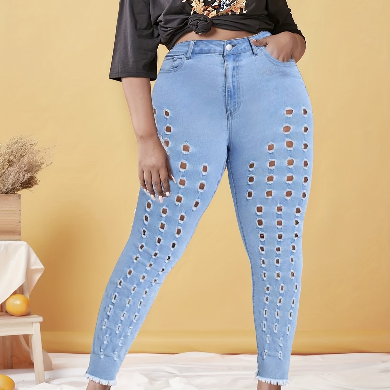 Plus Solid Button Fly High Rise Fringe Trim Skinny Jeans