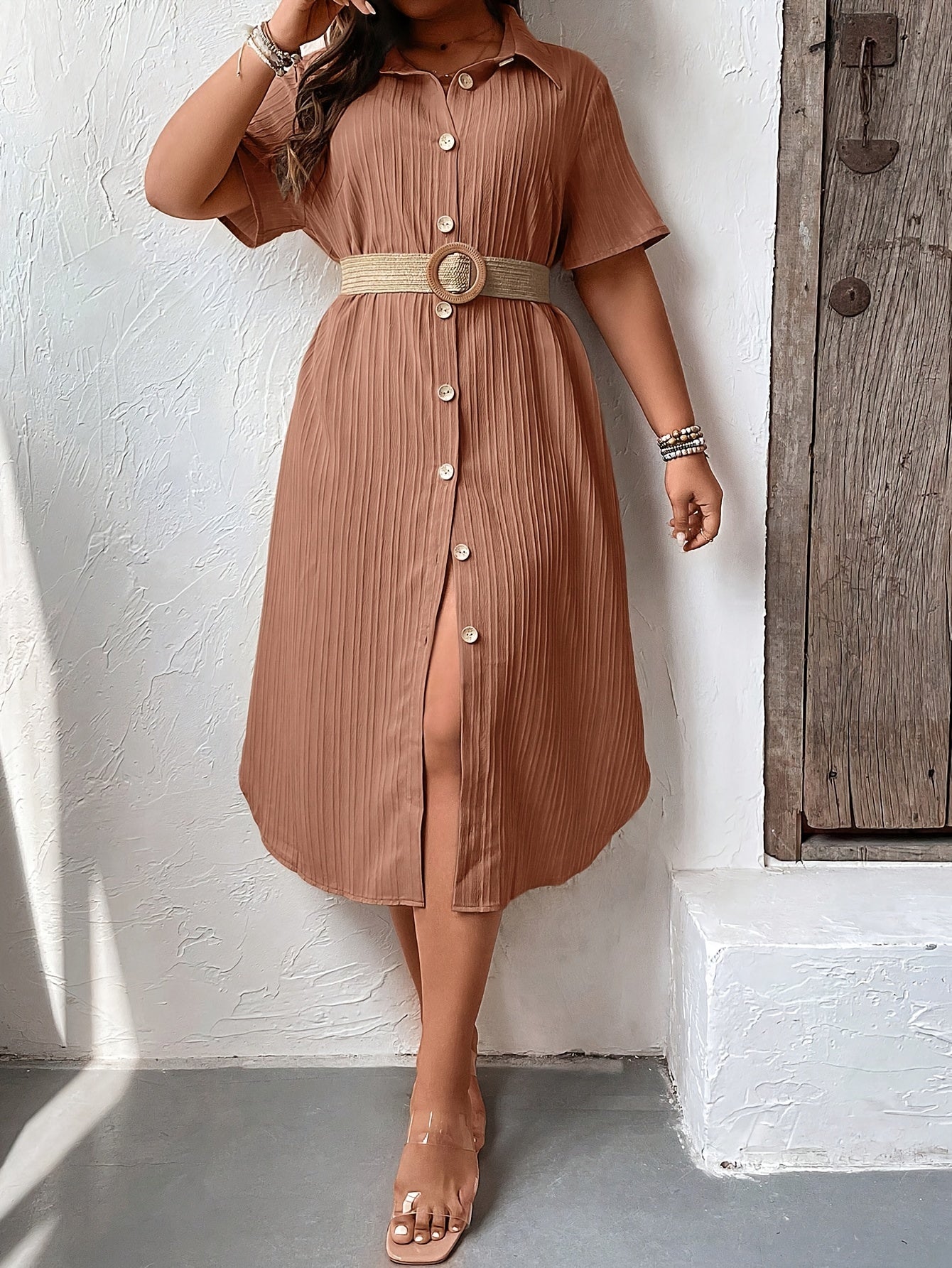 Women's Solid Textured Button Up Shirt Dress