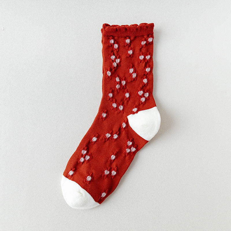 Red Textured Mid Tube Socks Chinese Year Women's Socks