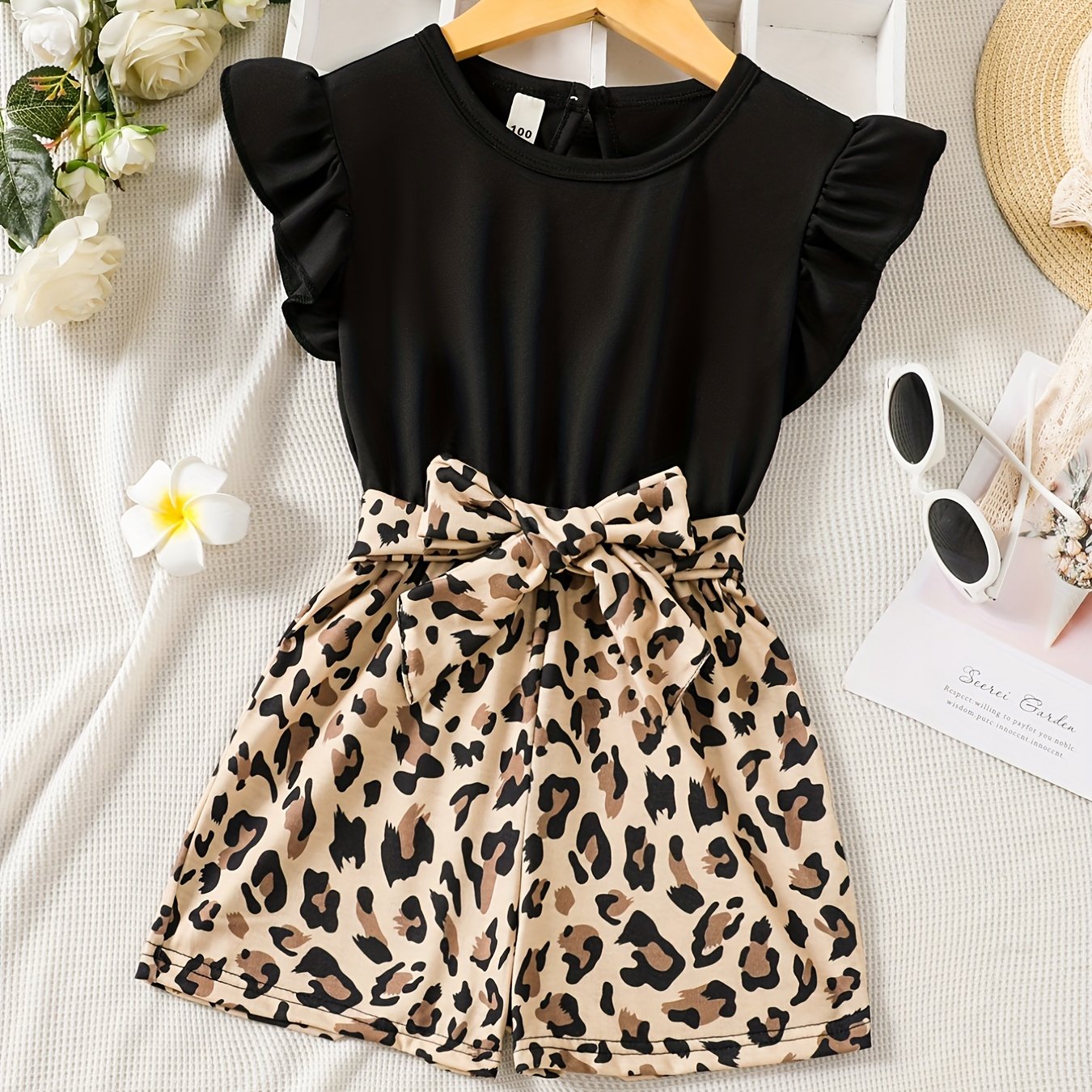 Toddler Girls Leopard Ruffle Trim Rompers Jumpsuits