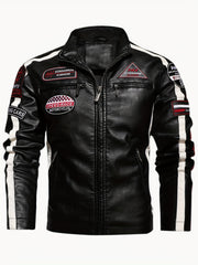Men's PU Leather Cycling Zip Up Jacket Fleece Collar Motor Racer