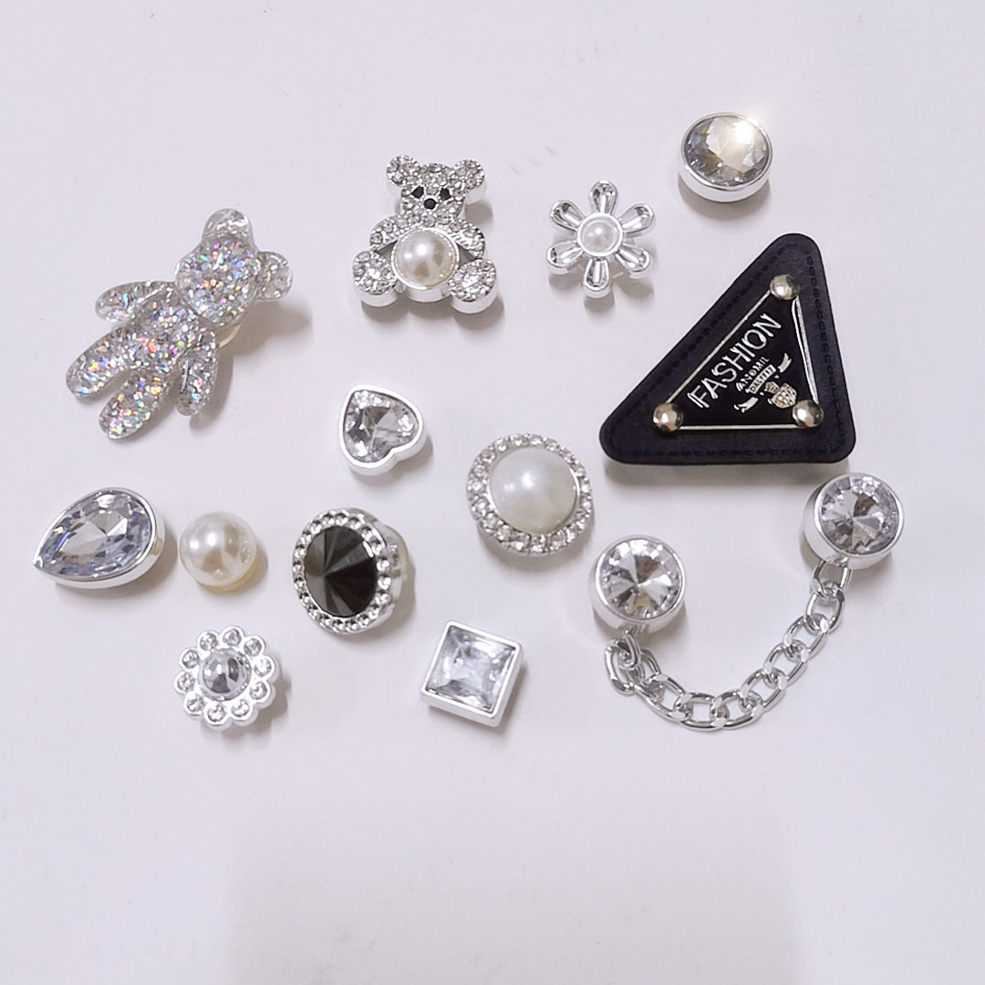 Triangle Silver Pearl Bear Rhinestone Shoe Decor Set