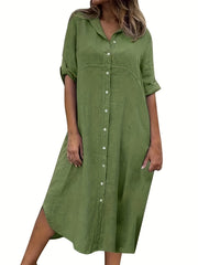 Maxi Shirt Dress Roll Up Sleeve Button Up Collar