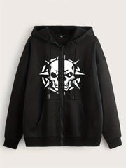 Skull Print Zip Up Hoodie Sweatshirt Coat