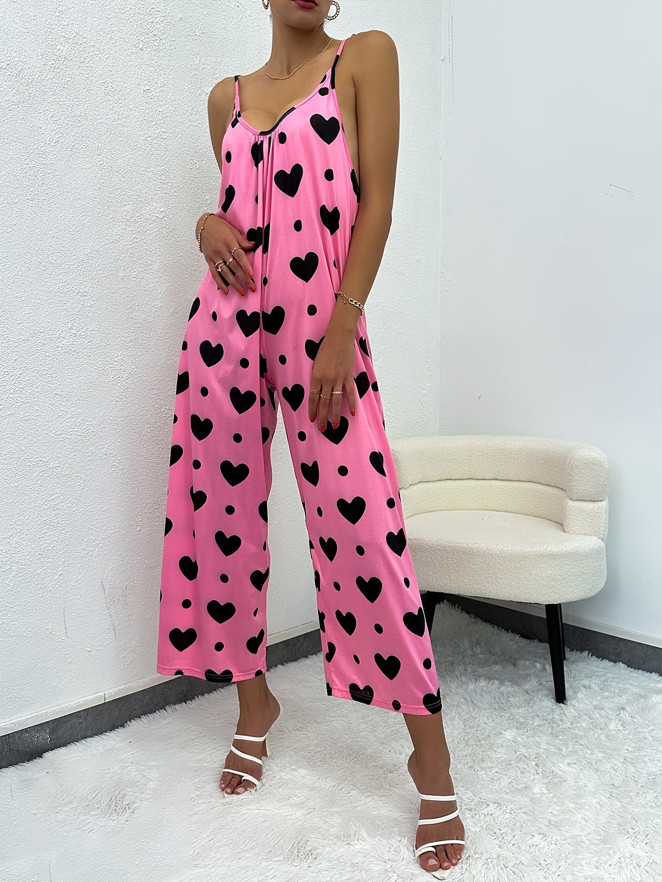 Heart Print Pink & Scoop Neck Jumpsuit Women's Swimwear