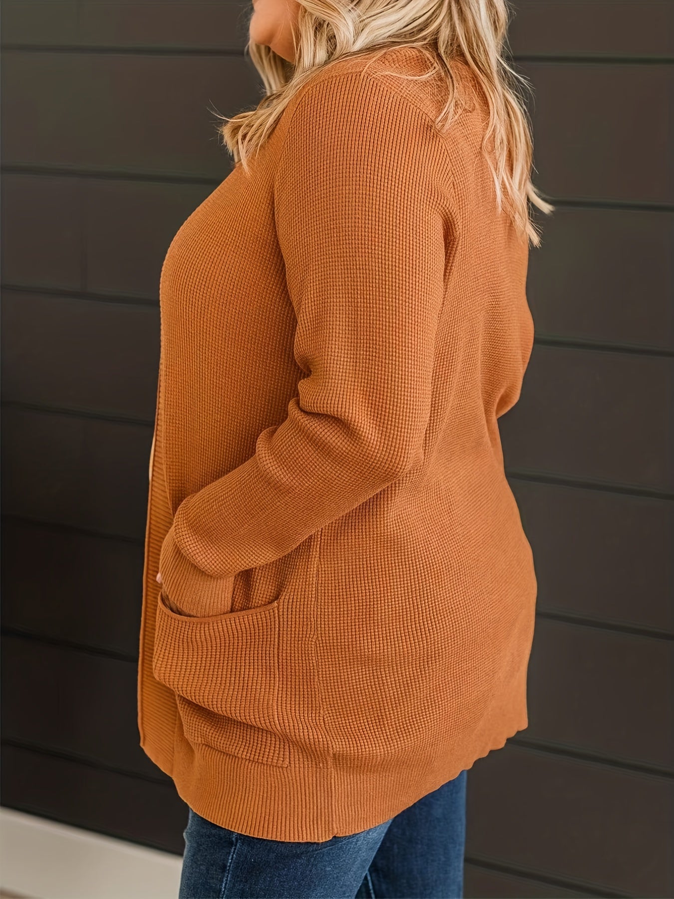 Solid Long Sleeve Open Front Knit Cardigan With Pockets